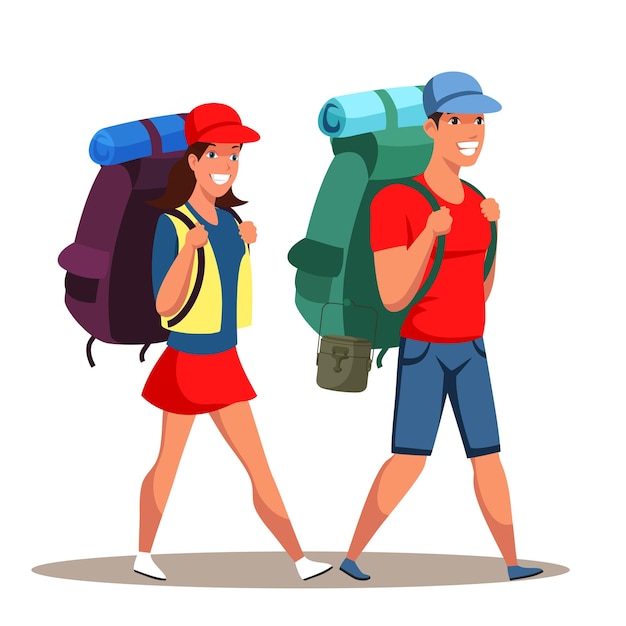 Free Vector young man and woman couple tourists with poles backpacks travelling climbing trekking hiking walking camping adventures on nature