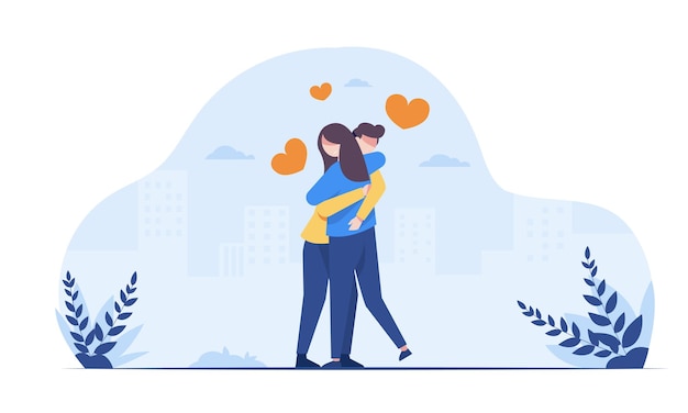 Free Vector young man and woman lover hugging with love in park in cartoon character vector illustration