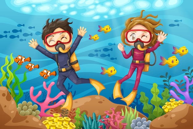 Young man and woman scuba diver with mask dives under the sea