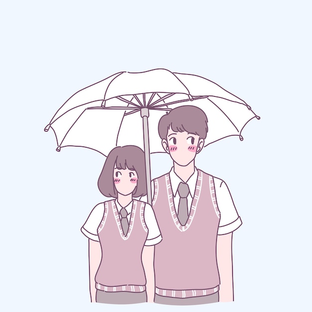 Young men and women standing in school uniforms and spreading umbrellas