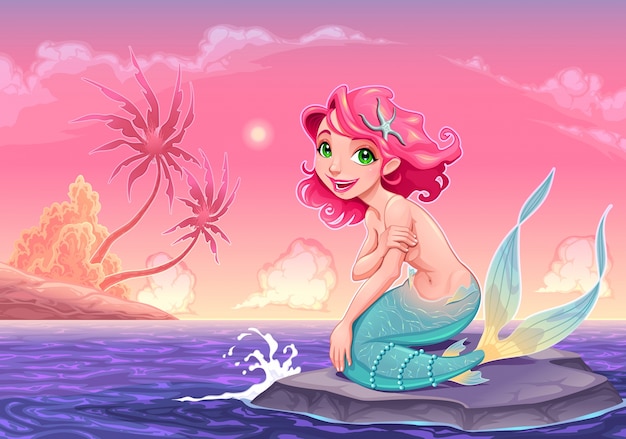 Young mermaid near the shore vector cartoon illustration