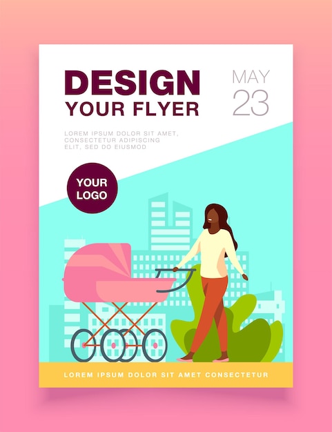 Free Vector young mother walking with baby carriage along street flyer template