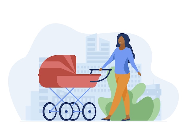 Young mother walking with baby carriage along street. Mom, infant, motherhood flat vector illustration. Parenthood and urban lifestyle