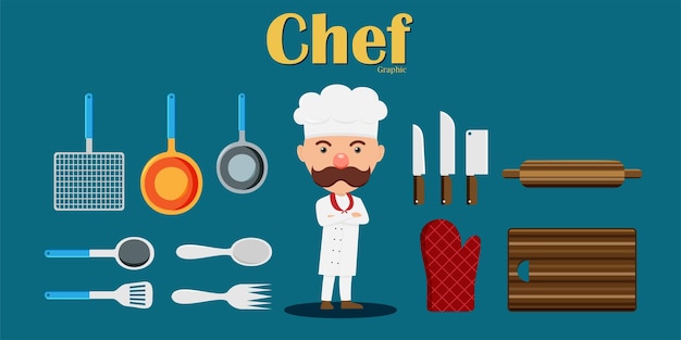 Free Vector young mustache chef man with cooking equipment in cartoon style vector illustration