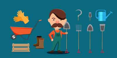 Free vector young mustache gardener man with equipment for planting gloves cart boots watering can in cartoon style for graphic designer vector illustration