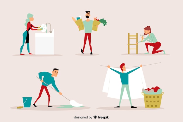 Free Vector young people cleaning the house together illustrated