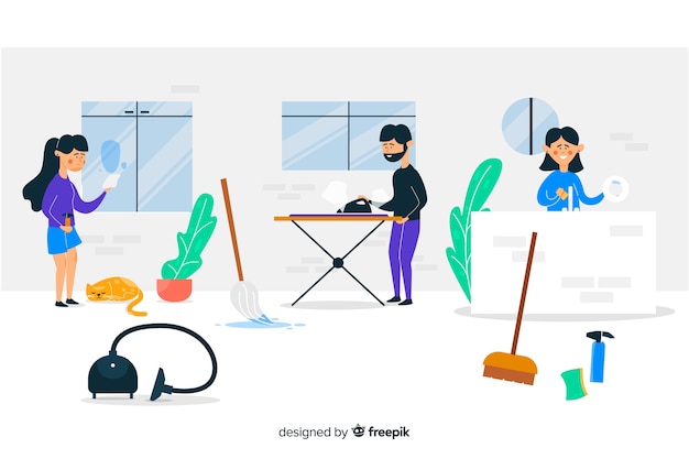 Free Vector young people doing chores illustrated