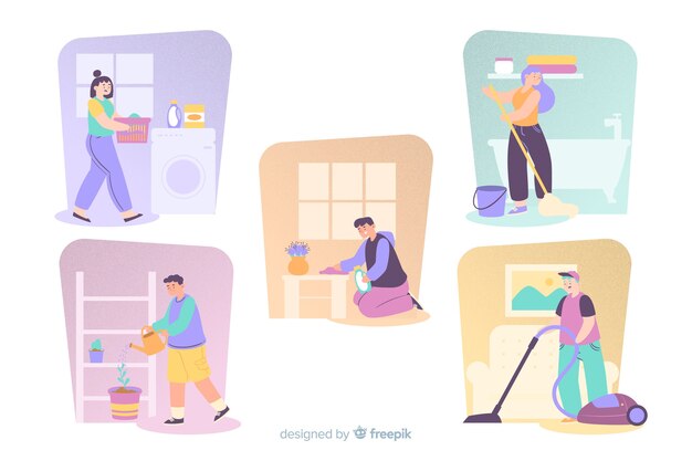 Young people doing housework illustrated