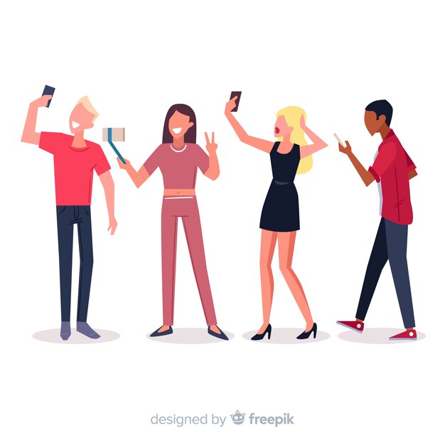 Young people holding smartphones illustrated