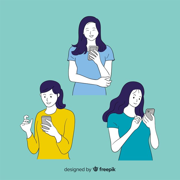 Young people holding smartphones in korean drawing style