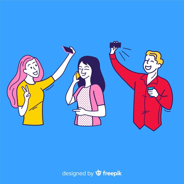 Young people holding smartphones in korean drawing style