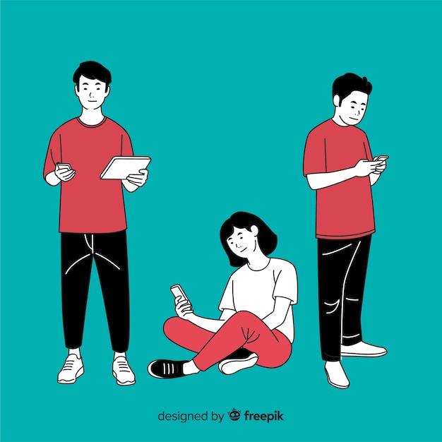 Young people holding smartphones in korean drawing style