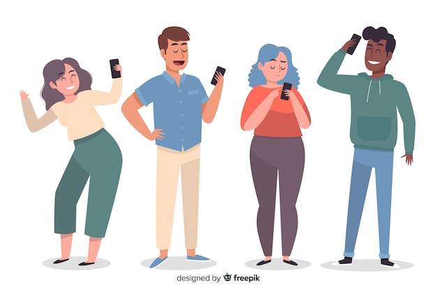 Free vector young people holding smartphones