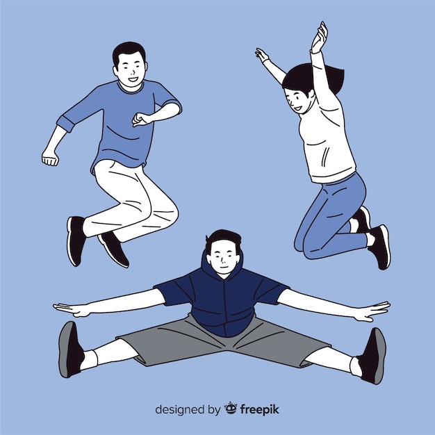 Free Vector young people jumping in korean drawing style