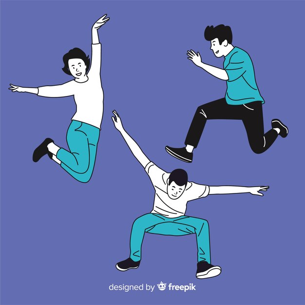 Young people jumping in korean drawing style