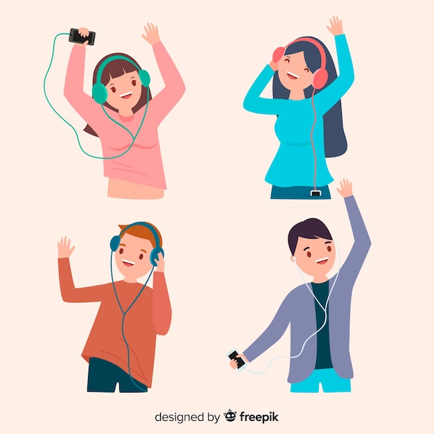 Free Vector young people listening to music set