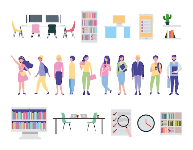 Young people and office equipment icons