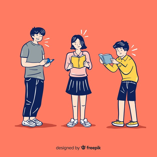 Young people reading in korean drawing style