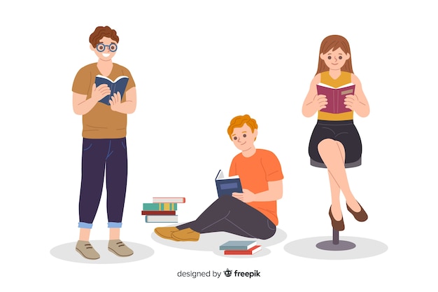 Young people reading together illustrated