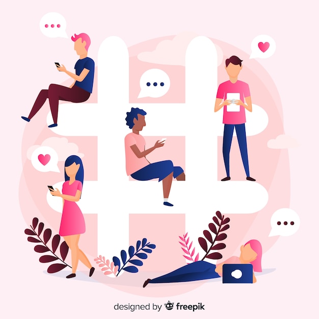 Free Vector young people sitting on hashtag symbol