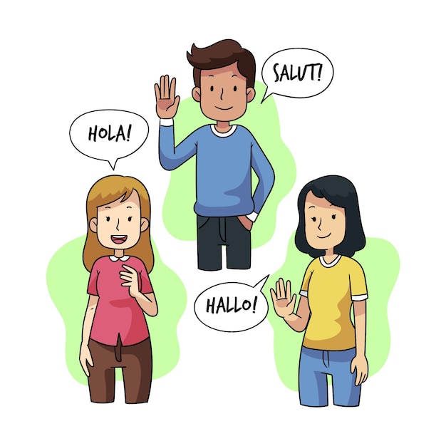 Young people talking in different languages illustrations group