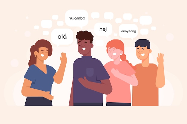 Young people talking in different languages illustrations pack