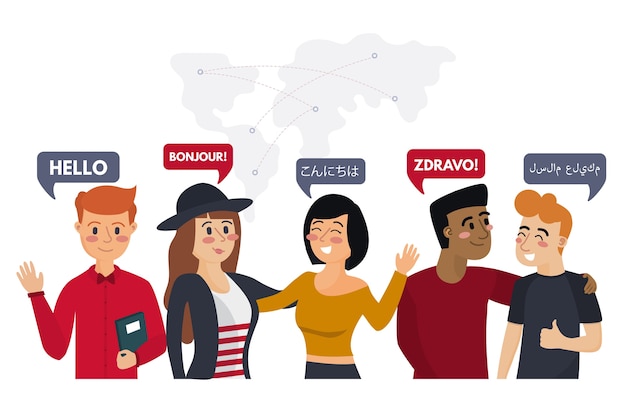 Young people talking in different languages illustrations set