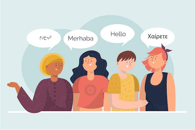 Young people talking in different languages illustrations set