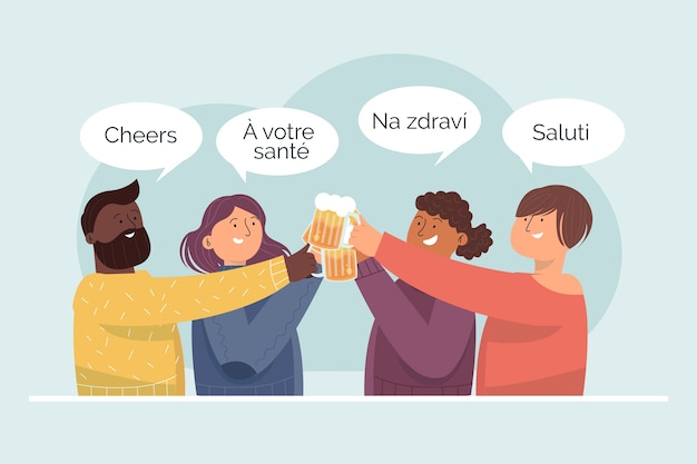 Young people talking in different languages illustrations