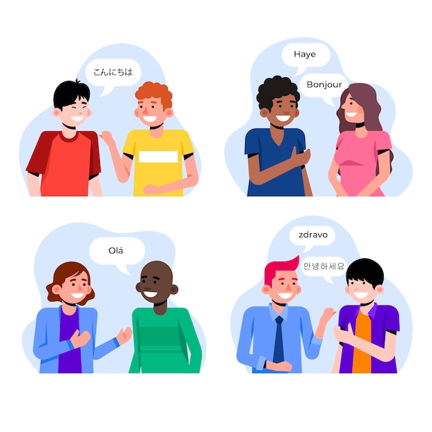 Young people talking in different languages set