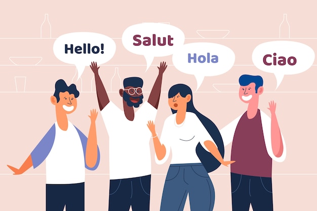 Young people talking in different languages set