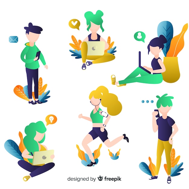 Free Vector young people using technological devices. character design set