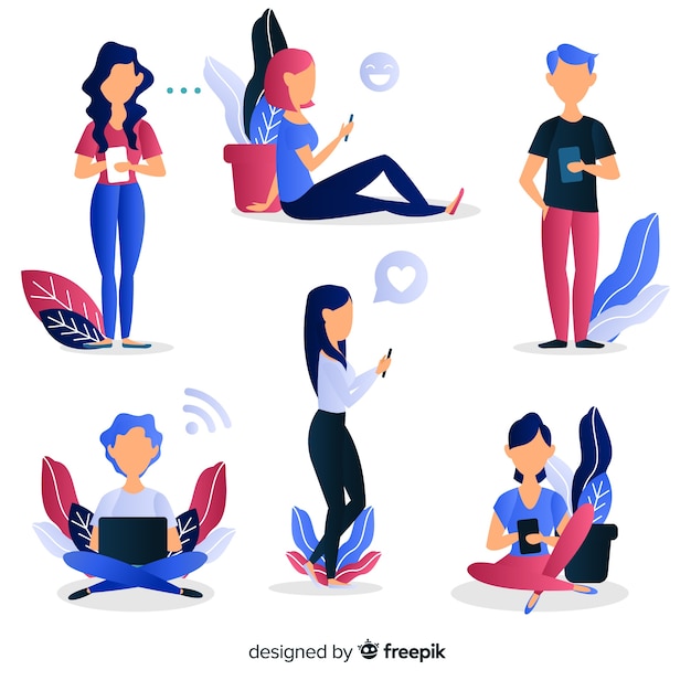 Free vector young people using technological devices. character design set