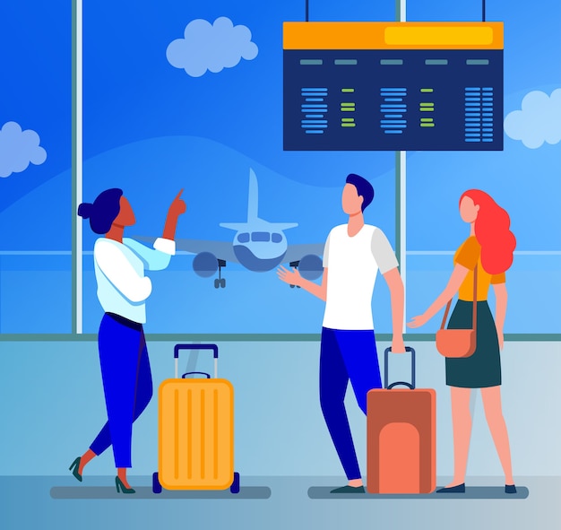 Free vector young people waiting in airport for plane. flight, airplane, baggage flat vector illustration. travel, trip and vacation