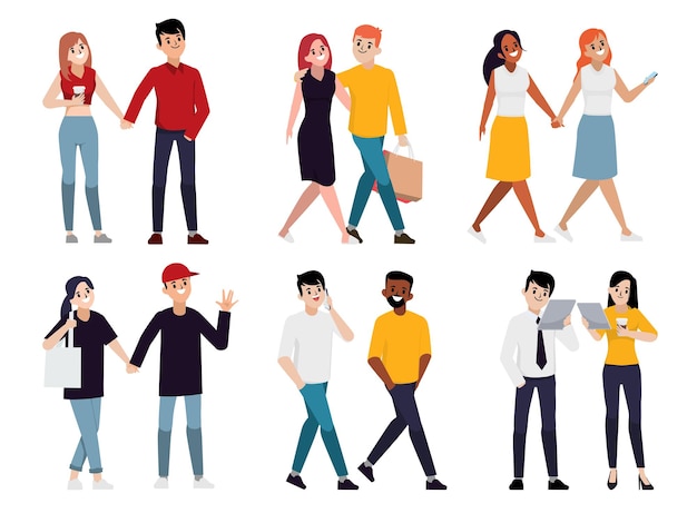 Free vector young people walking together flat vector character set