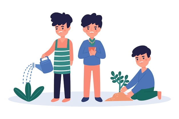 Young people watering the plants