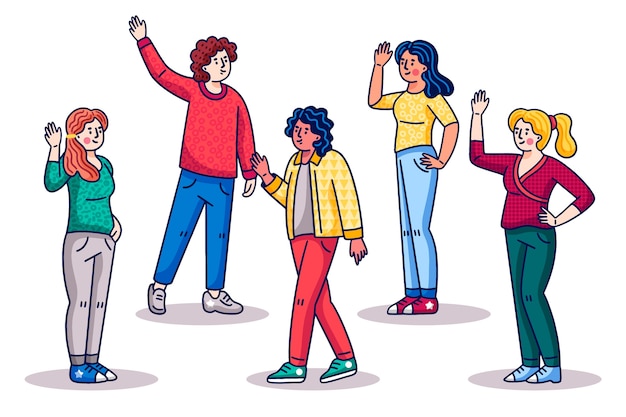 Free vector young people waving hand cartoon style