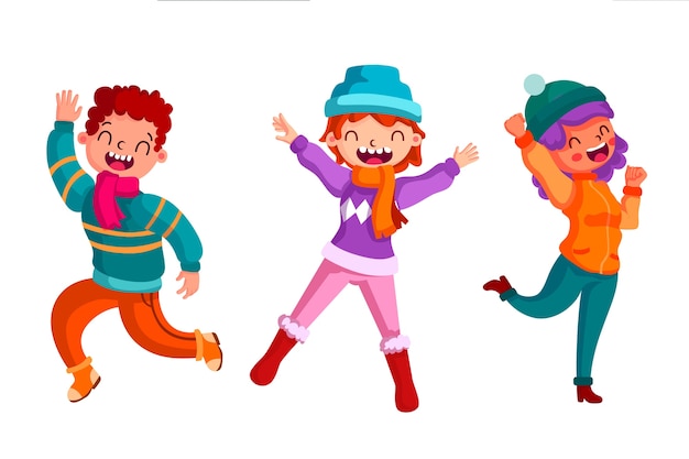 Free Vector young people wearing winter clothes jumping illustration set