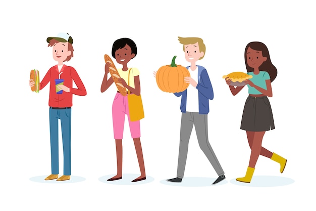 Free Vector young people with pumpkin and pie