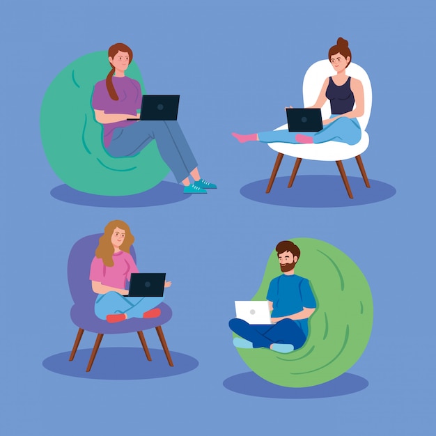 Free Vector young people working in telecommuting illustration