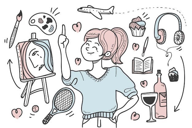 Young person with hobbies and interests illustrated