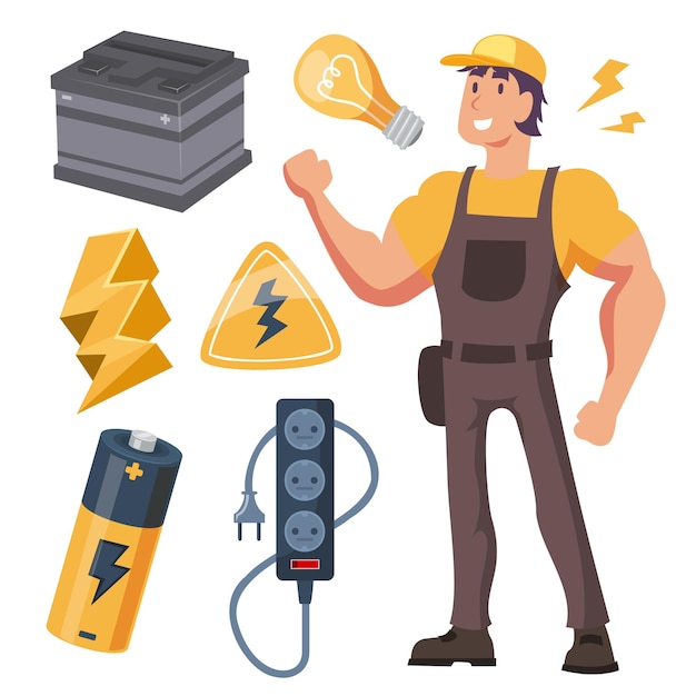 Free Vector young professional electrician man with electricity tools cartoon vector