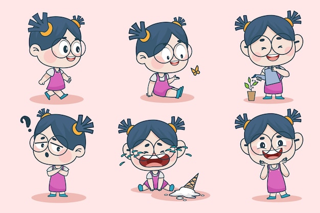 Free vector young smart girl character with different facial expression and hand poses.