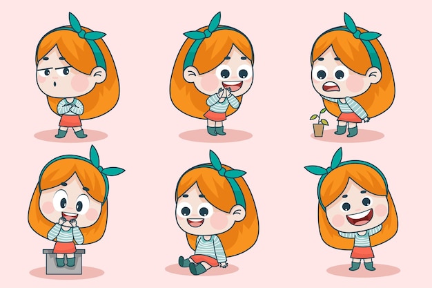 Young smart girl character with different facial expression and hand poses. 