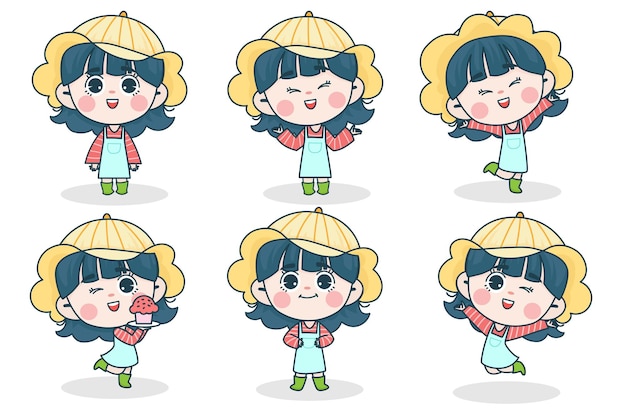 Young smart girl character with different facial expression and hand poses. 