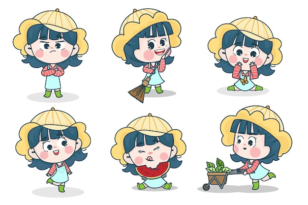 Young smart girl character with different facial expression and hand poses. 