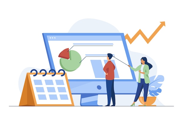 Young tiny analysts preparing monthly report. Calendar, chart, arrow flat vector illustration. Statistics and digital technology