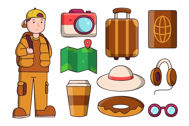 Young tourists man with travel equipment vector