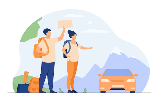 Free Vector young tourists with backpacks standing near road and hitchhiking isolated flat vector illustration. cartoon happy couple thumbing to car.