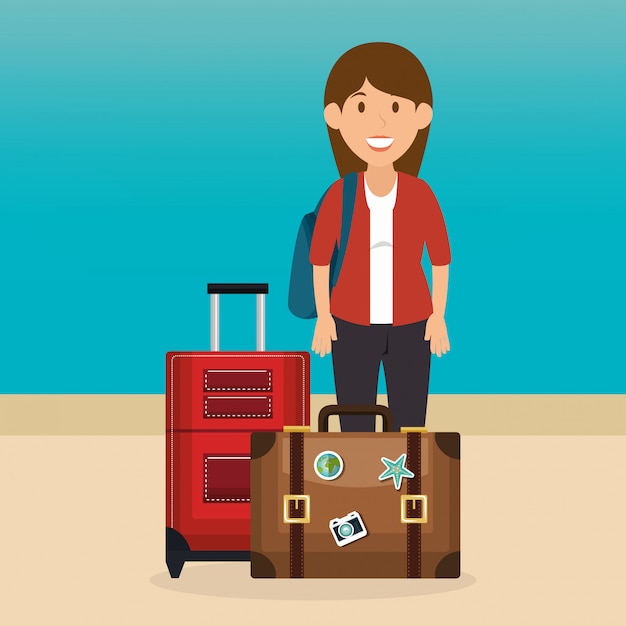 young woman in the beach with suitcase